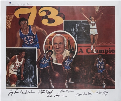 1973 New York Knicks Multi Signed 24.5 x 30 Litho With 7 Signatures Including Lucas, DeBusschere & Reed (LE 810/1973) (PSA/DNA)